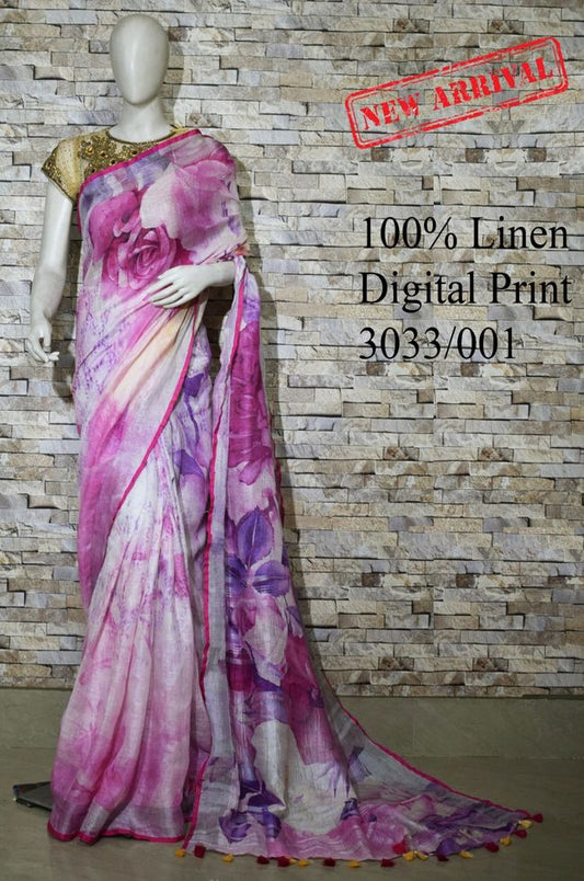 Pink Shade Floral Printed linen saree I Silver Zari BorderI Handwoven Saree I Pretty Sari | KIHUMS Saree