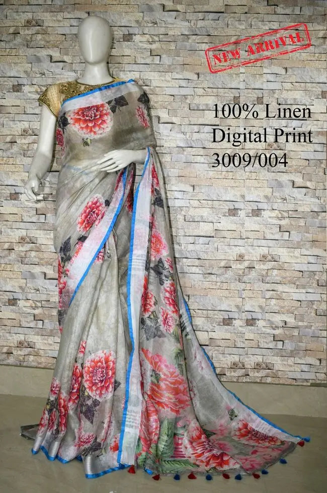 Grey Shade Floral Printed linen saree I Silver Zari BorderI Handwoven Saree I Pretty Sari | KIHUMS Saree kihums clothing