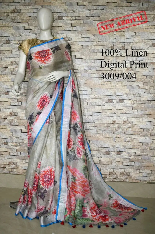 Grey Shade Floral Printed linen saree I Silver Zari BorderI Handwoven Saree I Pretty Sari | KIHUMS Saree kihums clothing