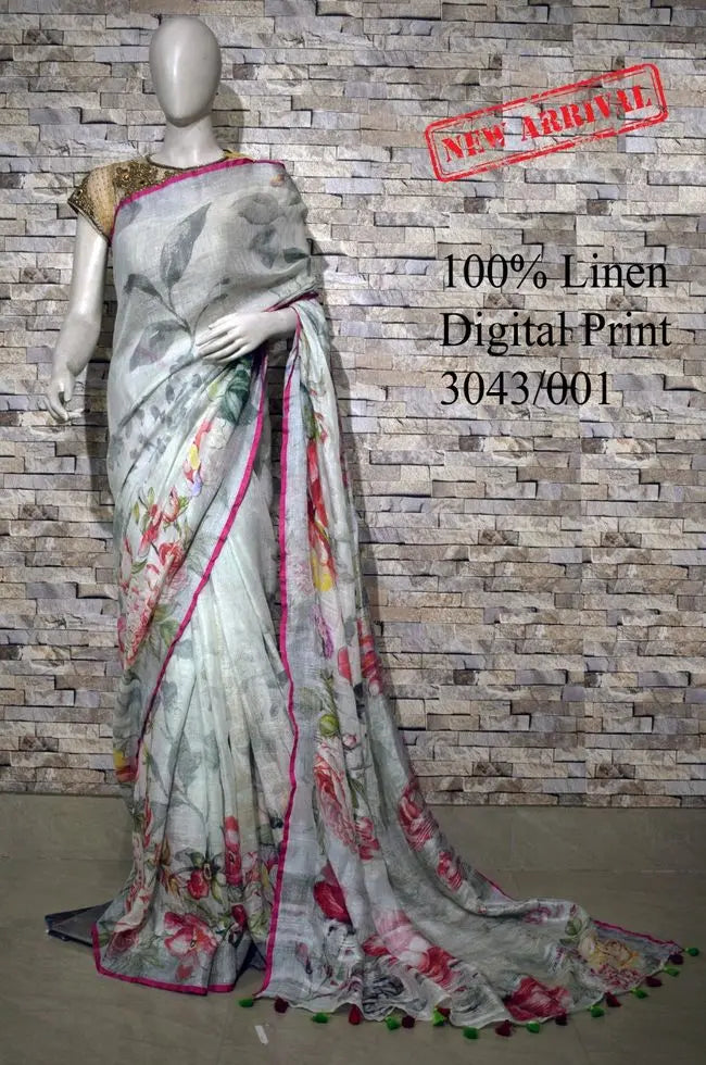 Pastel Shade Floral Printed linen saree I Silver Zari BorderI Handwoven Saree I Pretty Sari | KIHUMS Saree kihums clothing