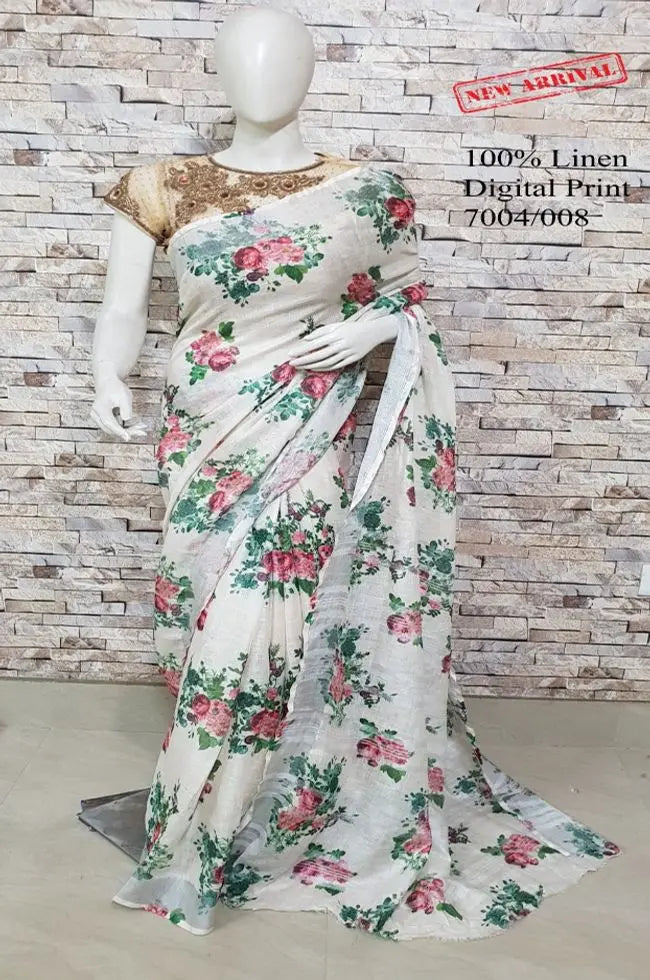Off White Shade Floral Printed linen saree I Silver Zari BorderI Handwoven Saree I Pretty Sari | KIHUMS Saree kihums clothing