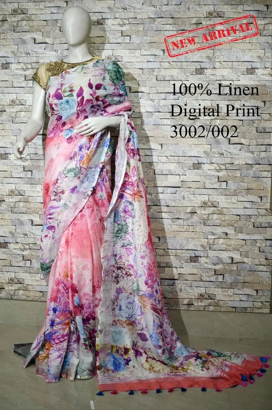 Multi Shade Floral Printed linen saree I Silver Zari BorderI Handwoven Saree I Pretty Sari | KIHUMS Saree kihums clothing