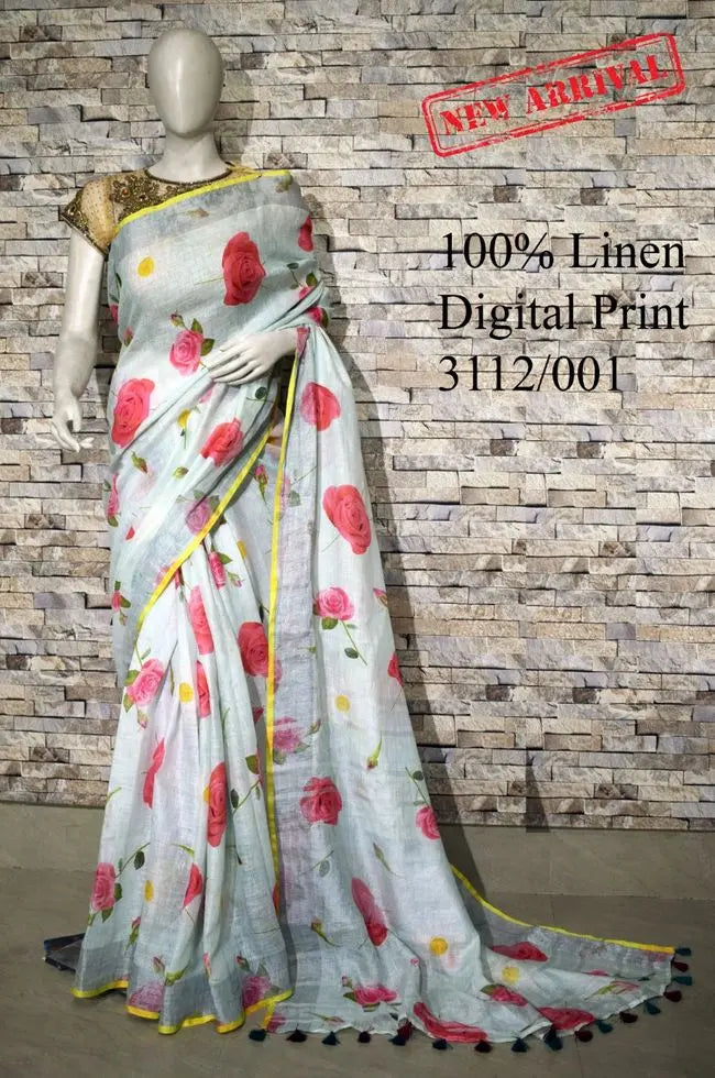 Pastel Shade Floral Printed linen saree I Silver Zari BorderI Handwoven Saree I Pretty Sari | KIHUMS Saree kihums clothing