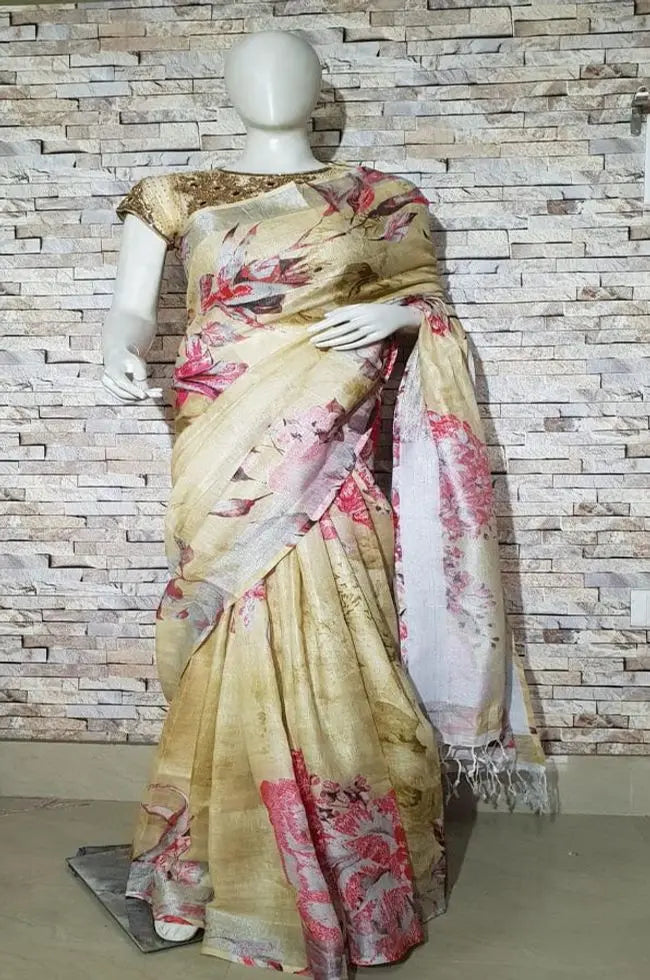 Pastel Yellow Shade Floral Printed linen saree I Silver Zari BorderI Handwoven Saree I Pretty Sari | KIHUMS Saree kihums clothing