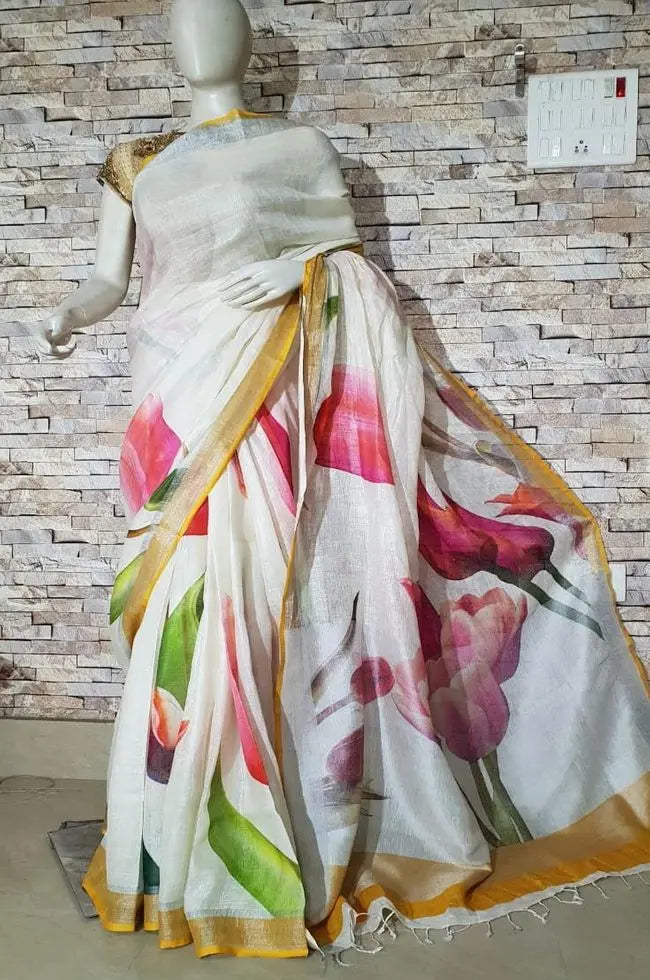 White Shade Floral Printed linen saree I Silver Zari BorderI Handwoven Saree I Pretty Sari | KIHUMS Saree kihums clothing