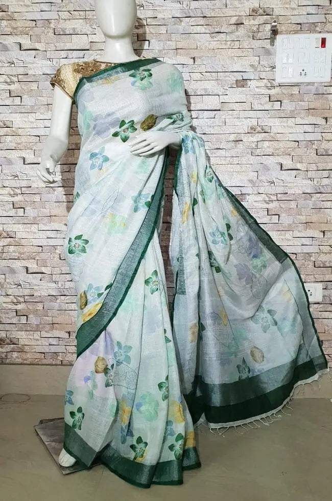 Pastel Shade Floral Printed linen saree I Silver Zari BorderI Handwoven Saree I Pretty Sari | KIHUMS Saree kihums clothing