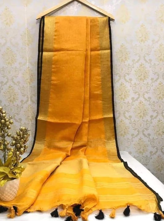 Yellow Handwoven organic Linen Saree |Golden Zari| KIHUMS Saree
