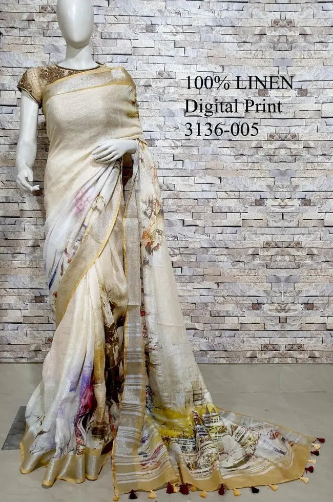 Pastel Shade Floral Printed linen saree I Silver Zari BorderI Handwoven Saree I Pretty Sari | KIHUMS Saree kihums clothing