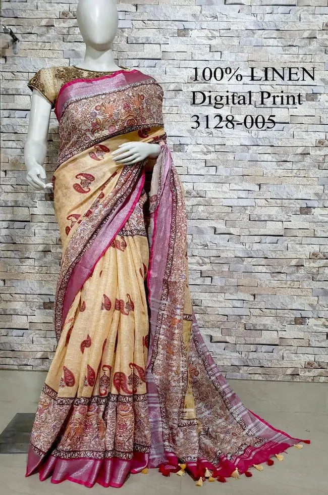 Yellow Shade Kalamkari Printed linen saree I Silver Zari BorderI Handwoven Saree I Pretty Sari | KIHUMS Saree kihums clothing