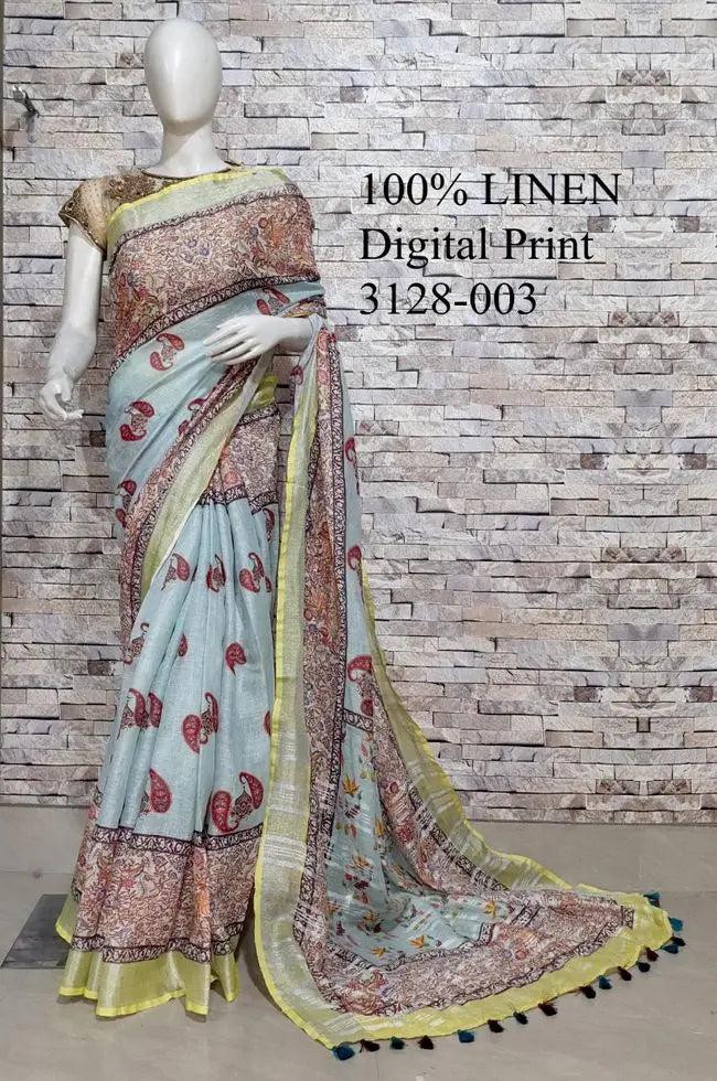 Powder Blue Shade Kalamkari Printed linen saree I Silver Zari BorderI Handwoven Saree I Pretty Sari | KIHUMS Saree kihums clothing