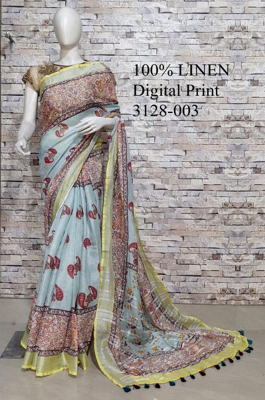 Powder Blue Shade Kalamkari Printed linen saree I Silver Zari BorderI Handwoven Saree I Pretty Sari | KIHUMS Saree