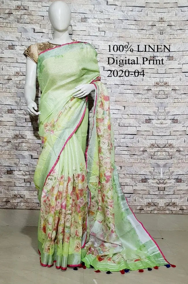 Green shade Floral Printed linen saree I Gold Zari BorderI Handwoven Saree I Pretty Sari | KIHUMS Saree kihums clothing