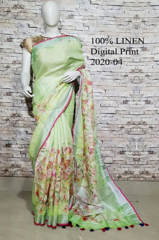 Green shade Floral Printed linen saree I Gold Zari BorderI Handwoven Saree I Pretty Sari | KIHUMS Saree kihums clothing