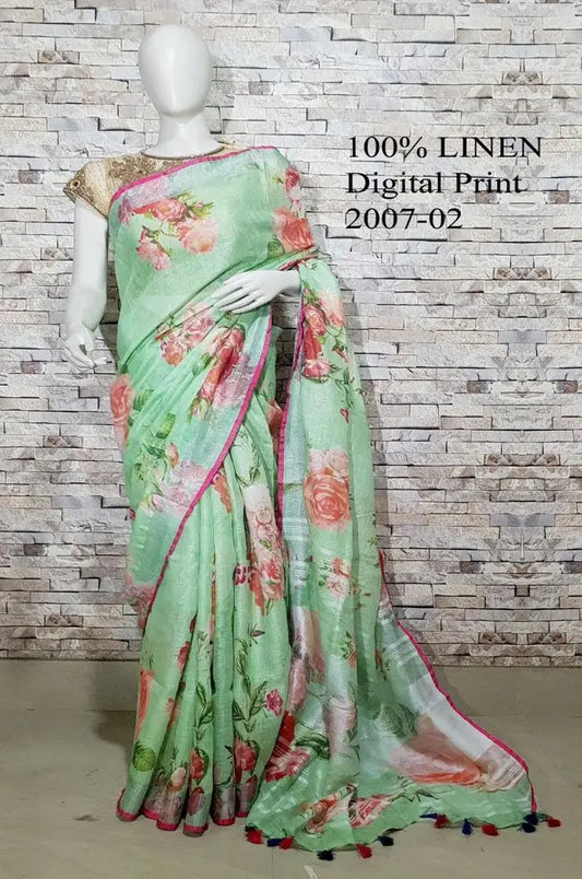 Green shade Floral Printed linen saree I Gold Zari BorderI Handwoven Saree I Pretty Sari | KIHUMS Saree kihums clothing