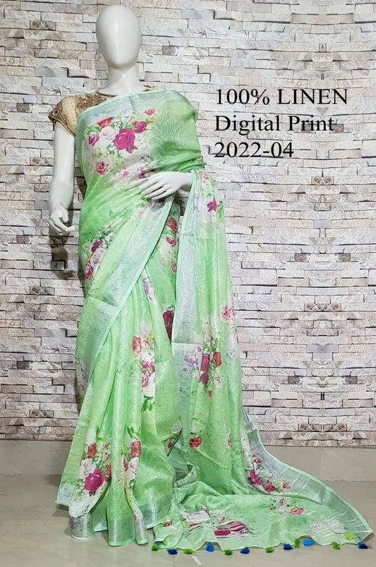 Green shade Floral Printed linen saree I Gold Zari BorderI Handwoven Saree I Pretty Sari | KIHUMS Saree kihums clothing