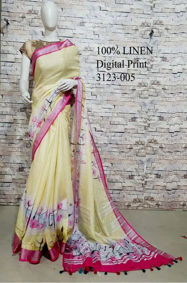 Yellow shade Floral Printed linen saree I Gold Zari BorderI Handwoven Saree I Pretty Sari | KIHUMS Saree kihums clothing