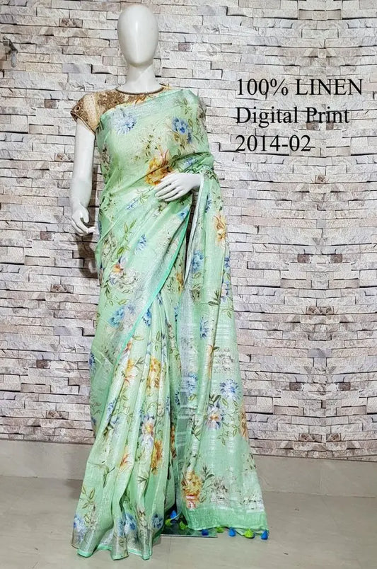 Green shade Floral Printed linen saree I Gold Zari BorderI Handwoven Saree I Pretty Sari | KIHUMS Saree kihums clothing