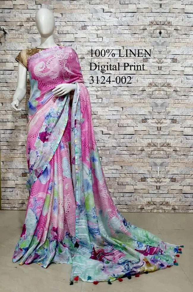 Pink shade Floral Printed linen saree I Gold Zari BorderI Handwoven Saree I Pretty Sari | KIHUMS Saree kihums clothing