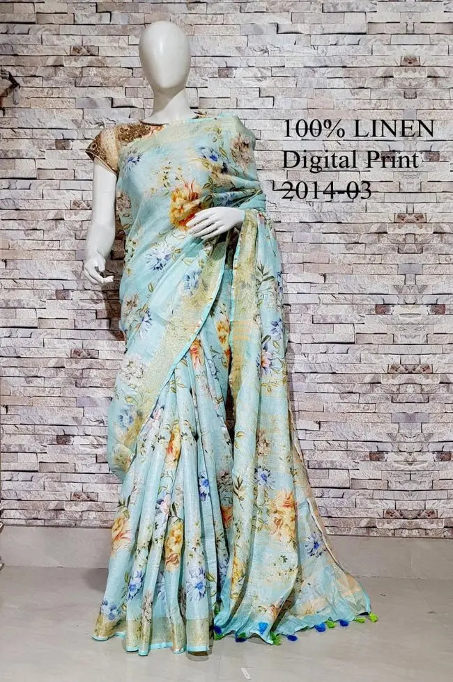Powder Blue shade Floral Printed linen saree I Silver Zari BorderI Handwoven Saree I Pretty Sari | KIHUMS Saree kihums clothing