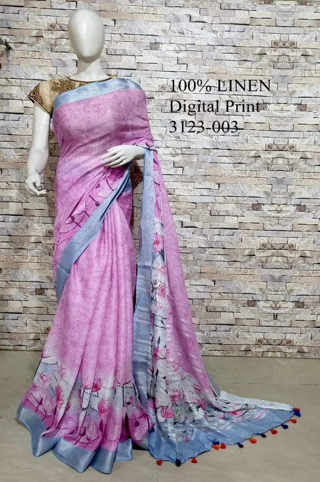 Pink shade Floral Printed linen saree I Silver Zari BorderI Handwoven Saree I Pretty Sari | KIHUMS Saree kihums clothing