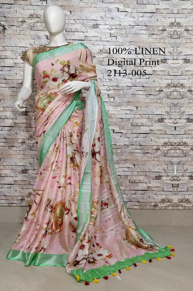 Salmon shade Floral Printed linen saree I Silver Zari BorderI Handwoven Saree I Pretty Sari | KIHUMS Saree kihums clothing