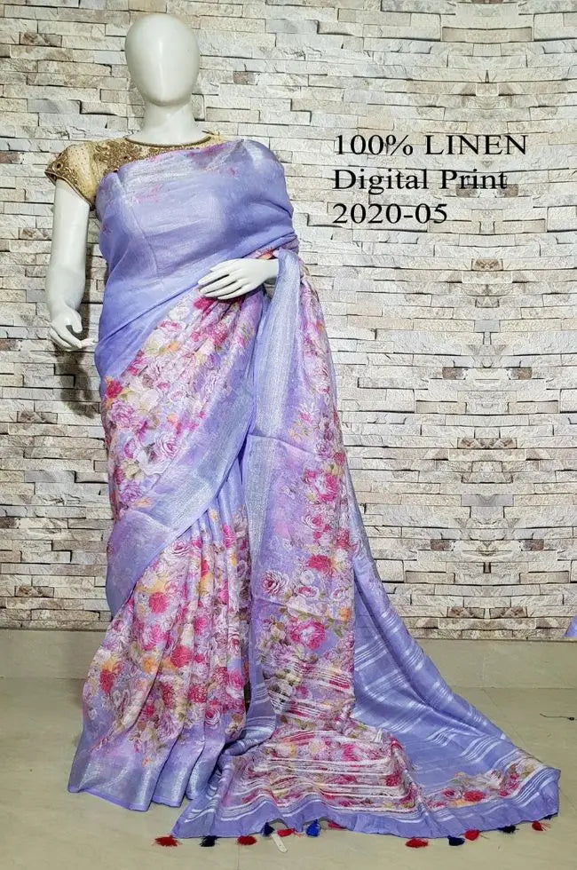Purple shade Floral Printed linen saree I Silver Zari BorderI Handwoven Saree I Pretty Sari | KIHUMS Saree kihums clothing
