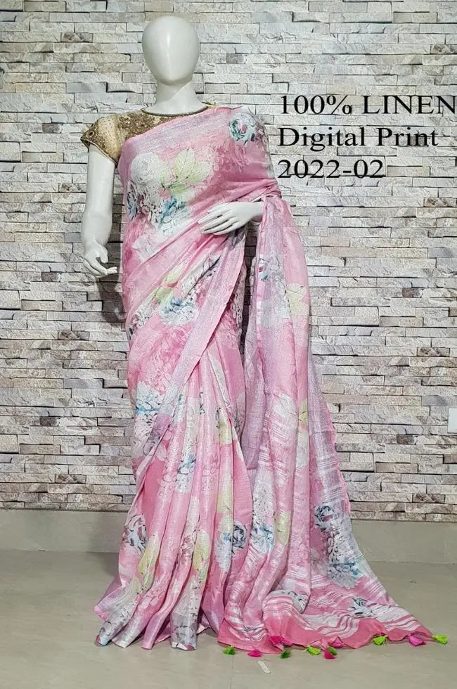 Pink shade Floral Printed linen saree I Silver Zari BorderI Handwoven Saree I Pretty Sari | KIHUMS Saree kihums clothing