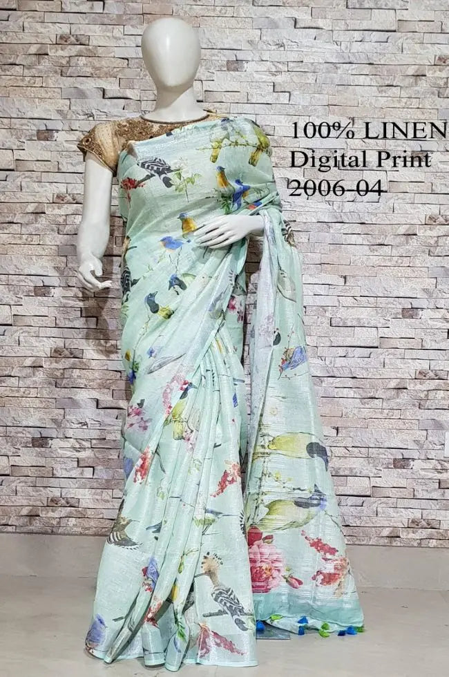 Pastel Green Floral Printed linen saree I Gold Zari BorderI Handwoven Saree I Pretty Sari | KIHUMS Saree kihums clothing