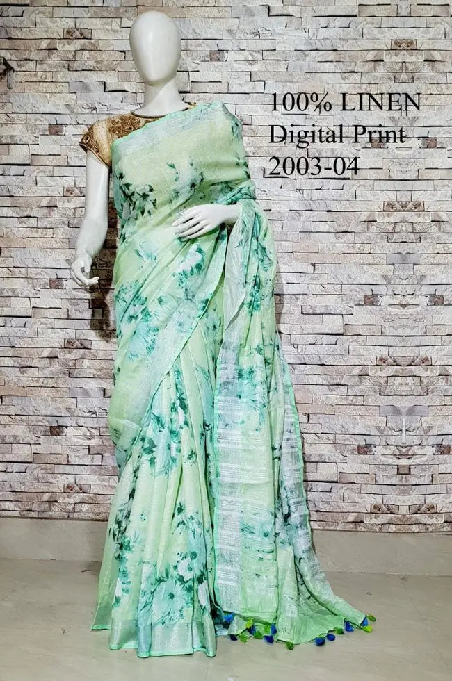 Green Floral Printed linen saree I Gold Zari BorderI Handwoven Saree I Pretty Sari | KIHUMS Saree kihums clothing