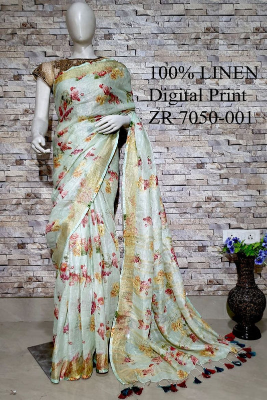 Pastel mint Floral Printed linen saree I Gold Zari BorderI Handwoven Saree I Pretty Sari | KIHUMS Saree