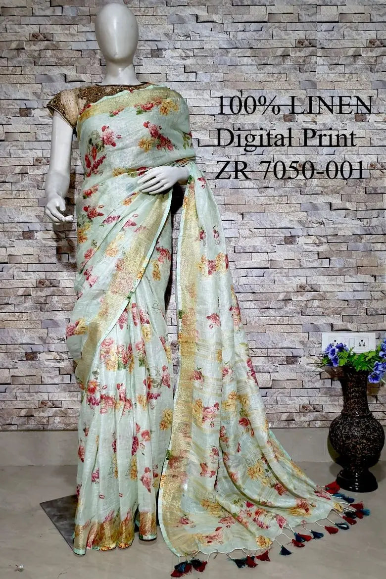 Pastel mint Floral Printed linen saree I Gold Zari BorderI Handwoven Saree I Pretty Sari | KIHUMS Saree kihums clothing
