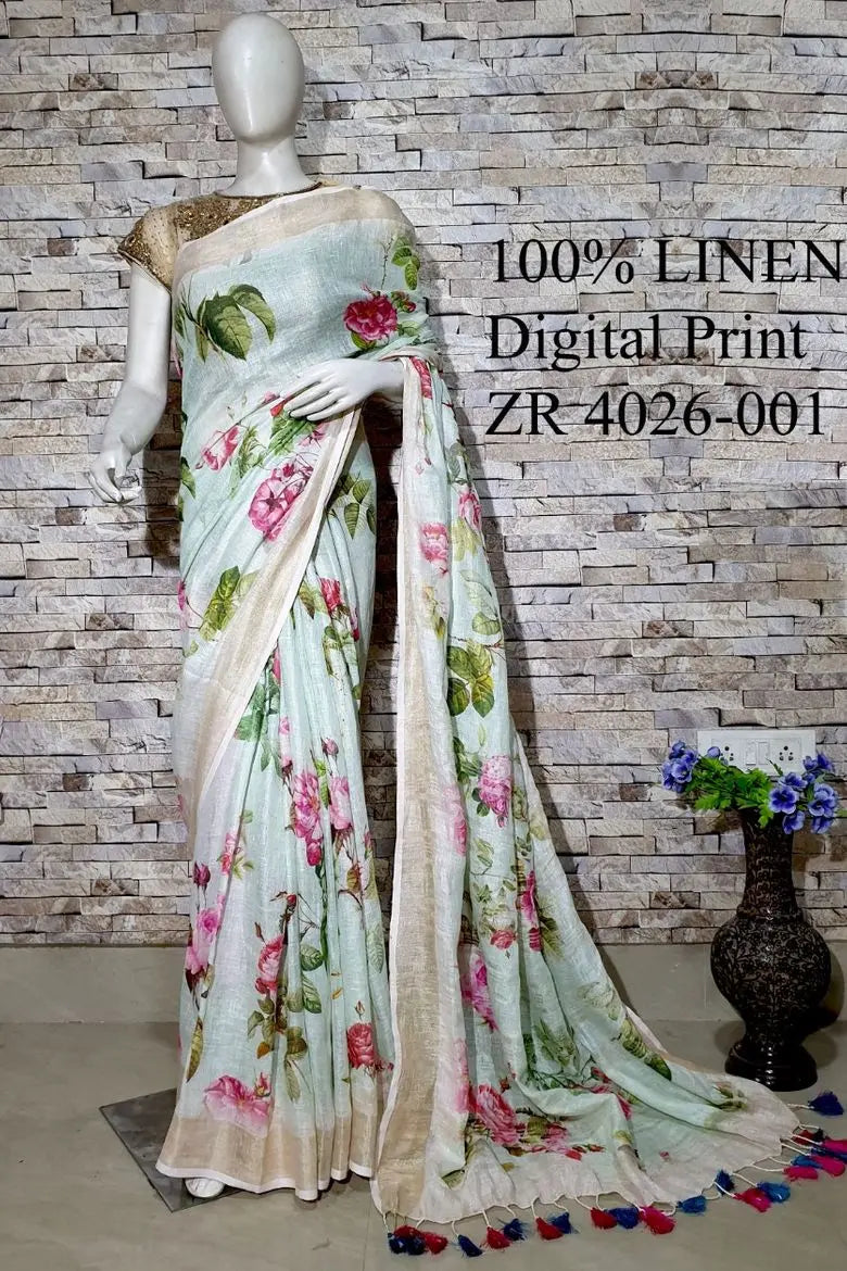 Pastel Green Floral Printed linen saree I Gold Zari BorderI Handwoven Saree I Pretty Sari | KIHUMS Saree kihums clothing