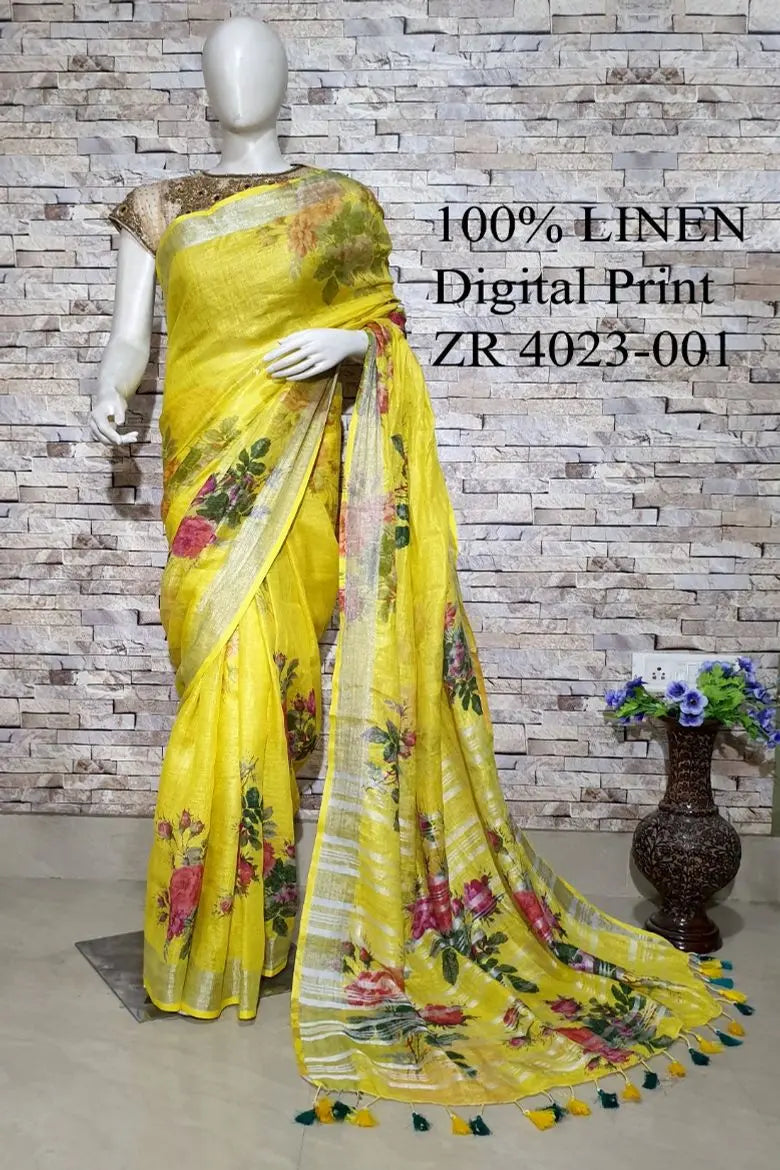 Yellow Floral Printed linen saree I Gold Zari BorderI Handwoven Saree I Pretty Sari | KIHUMS Saree kihums clothing