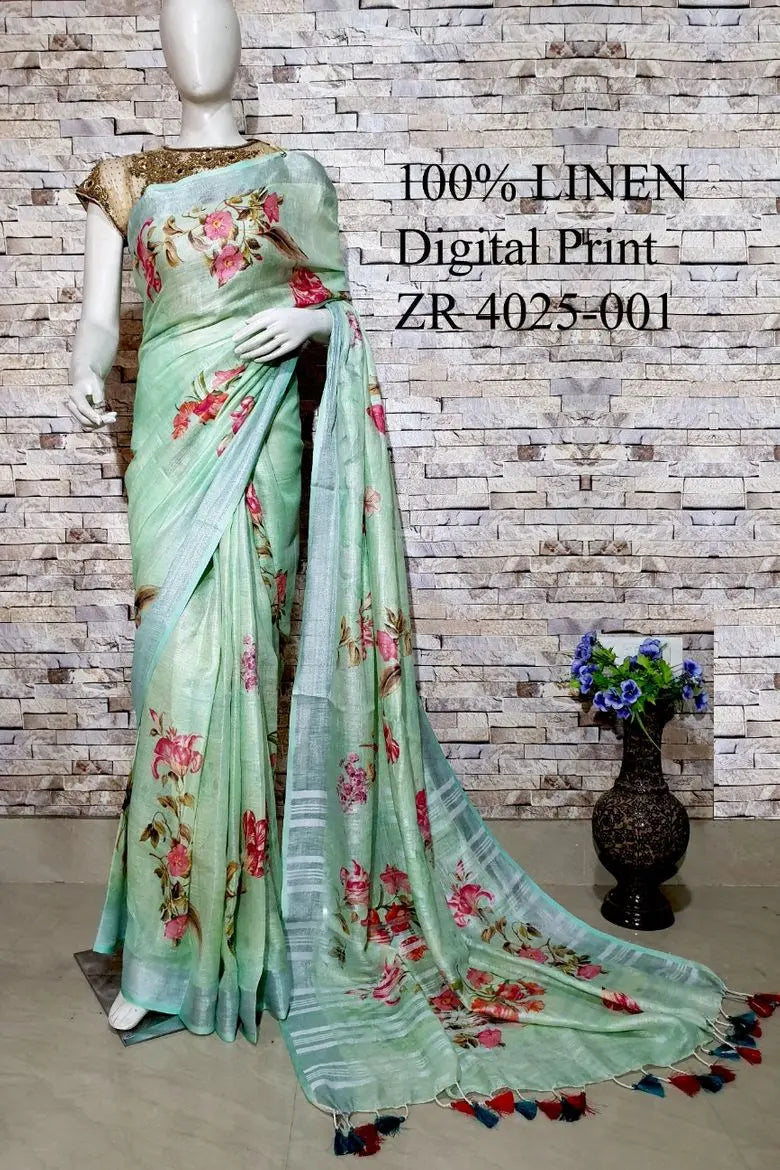 Green Floral Printed linen saree I Gold Zari BorderI Handwoven Saree I Pretty Sari | KIHUMS Saree kihums clothing