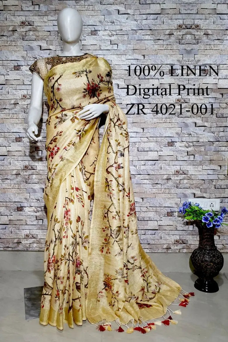 Beige Floral Printed linen saree I Gold Zari BorderI Handwoven Saree I Pretty Sari | KIHUMS Saree kihums clothing