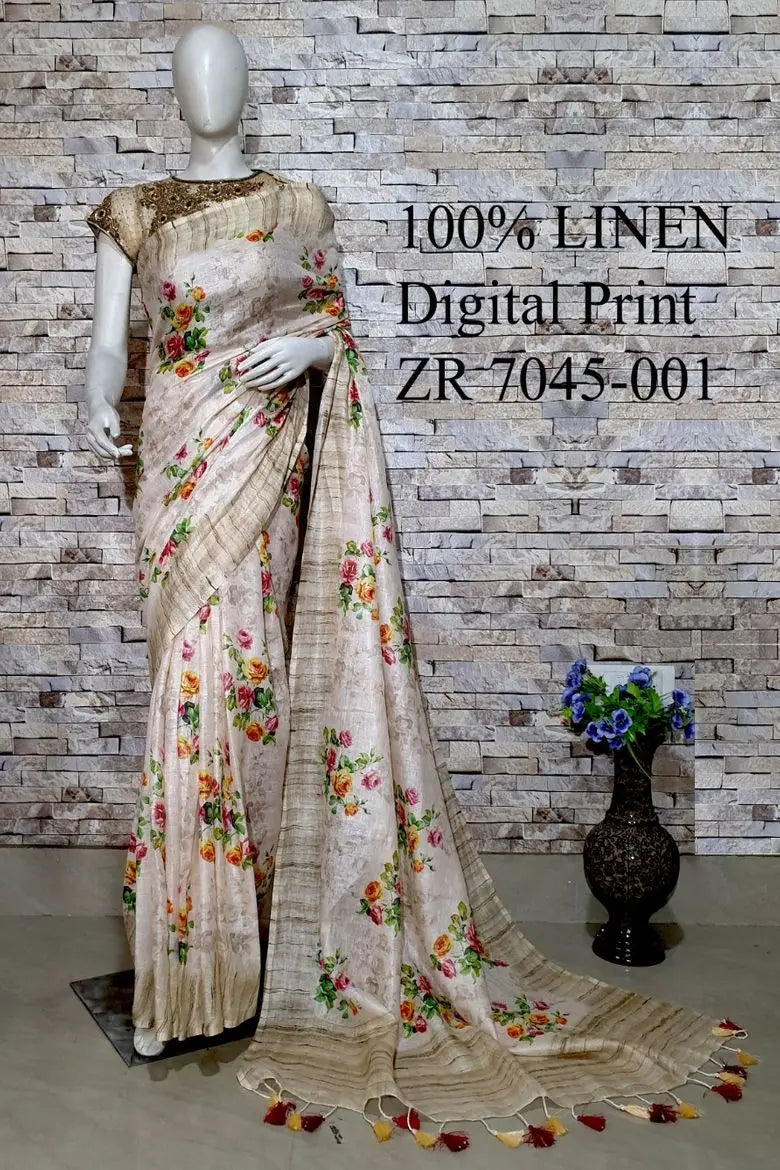 Beige Floral Printed linen saree I Gold Zari BorderI Handwoven Saree I Pretty Sari | KIHUMS Saree kihums clothing
