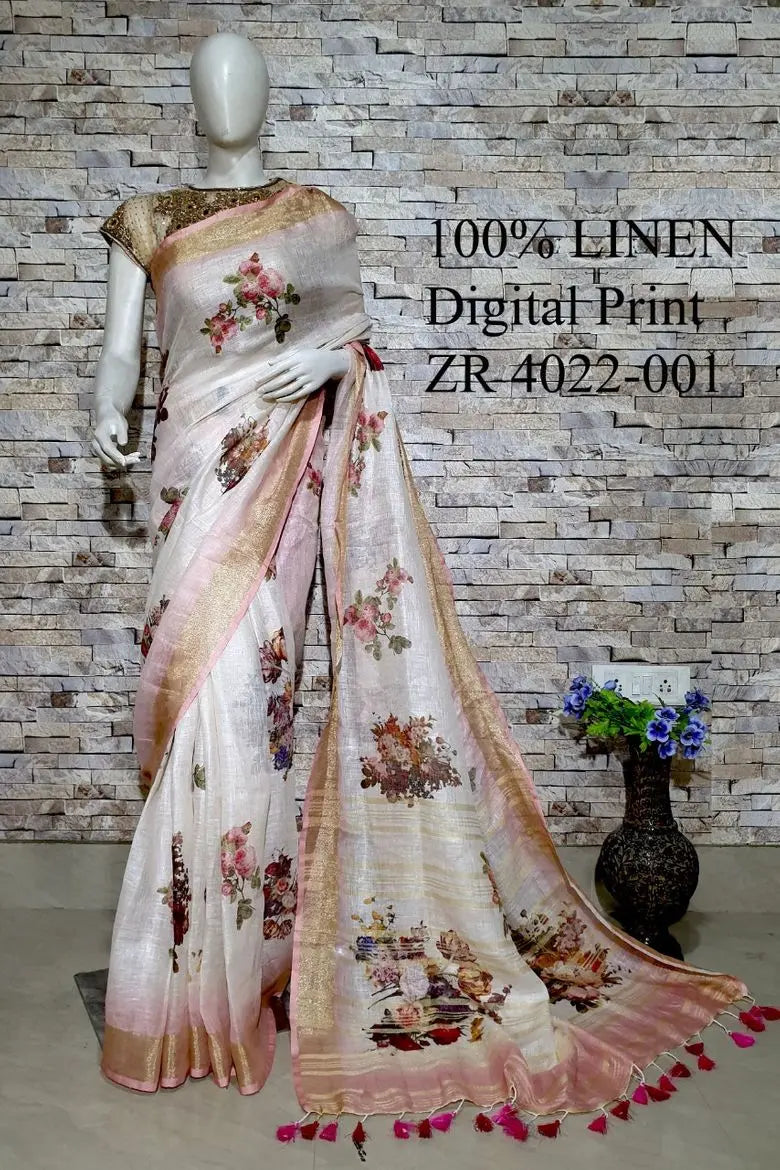 Pastel off white Floral Printed linen saree I Gold Zari BorderI Handwoven Saree I Pretty Sari | KIHUMS Saree kihums clothing