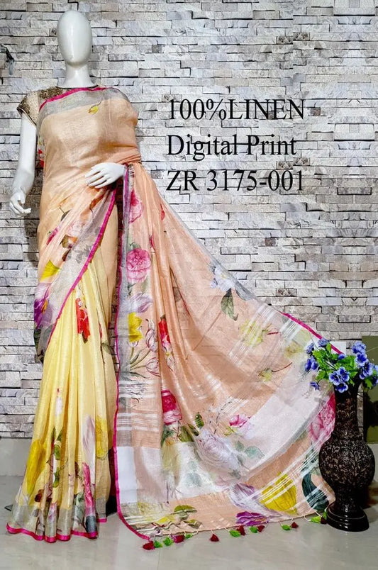 Multishade Floral Printed linen saree I Gold Zari BorderI Handwoven Saree I Pretty Sari | KIHUMS Saree kihums clothing