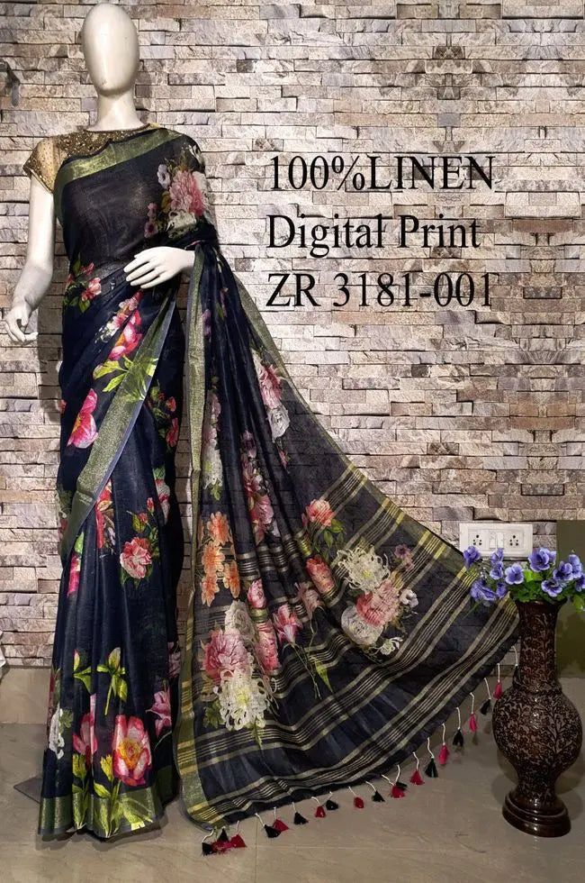 Black Floral Printed linen saree I Silver Zari BorderI Handwoven Saree I Pretty Sari | KIHUMS Saree kihums clothing