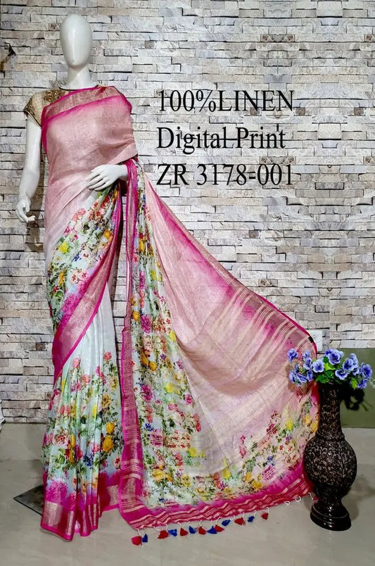 Multishade Floral Printed linen saree I Silver Zari BorderI Handwoven Saree I Pretty Sari | KIHUMS Saree kihums clothing