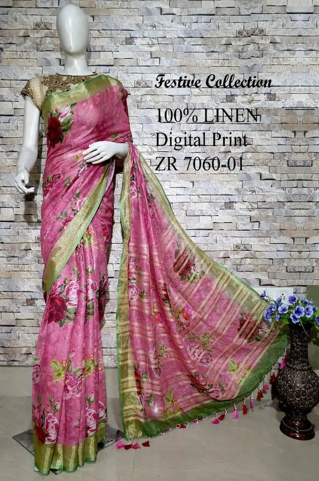 Pink shade Floral Printed linen saree I Silver Zari BorderI Handwoven Saree I Pretty Sari | KIHUMS Saree kihums clothing