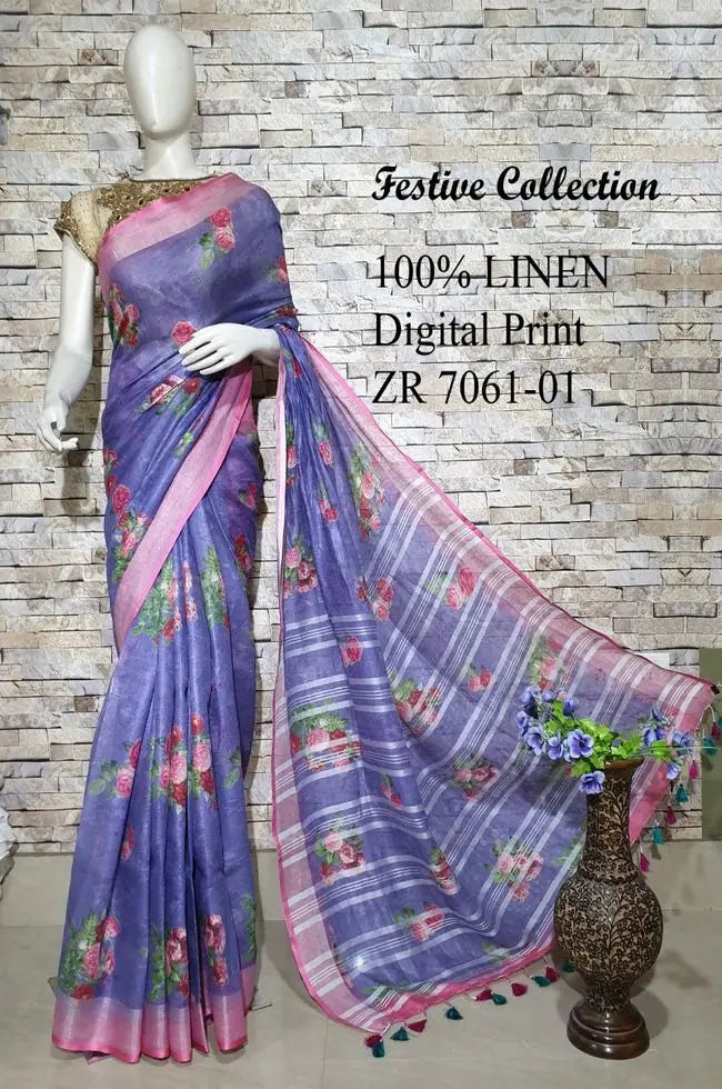 Purple shade Floral Printed linen saree I Silver Zari BorderI Handwoven Saree I Pretty Sari | KIHUMS Saree kihums clothing