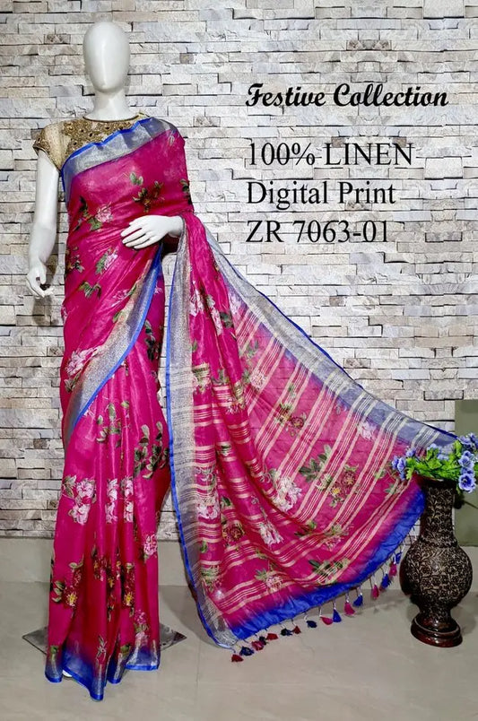 Magenta shade Floral Printed linen saree I Silver Zari BorderI Handwoven Saree I Pretty Sari | KIHUMS Saree kihums clothing
