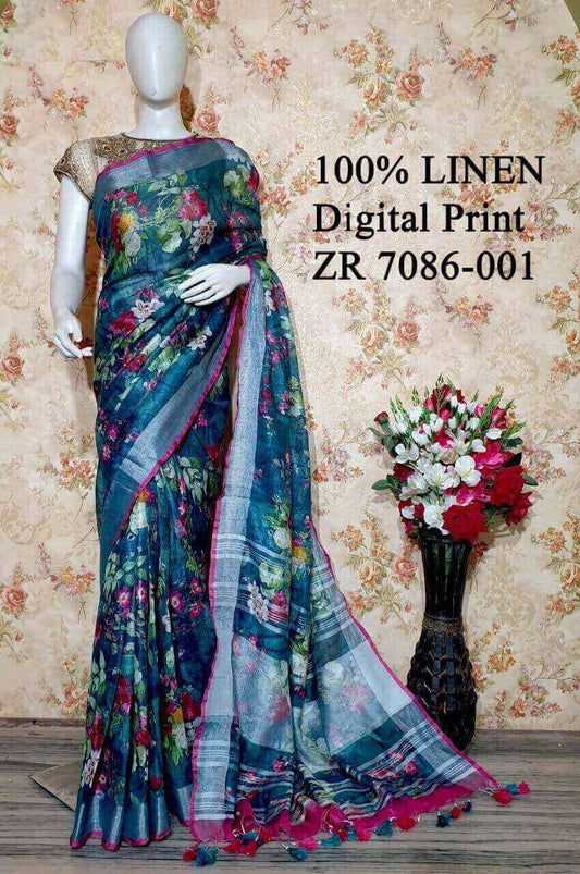 Sea Blue Shade Floral Printed linen saree I Silver Zari BorderI Handwoven Saree I Pretty Sari | KIHUMS Saree