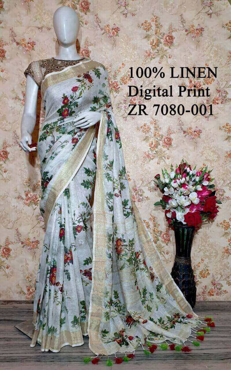 White Shade Floral Printed linen saree I Silver Zari BorderI Handwoven Saree I Pretty Sari | KIHUMS Saree kihums clothing
