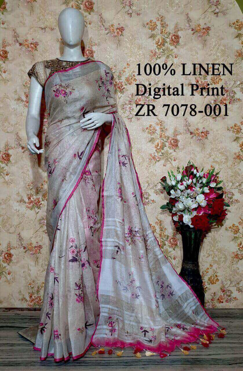 Dusty Pink Shade Floral Printed linen saree I Silver Zari BorderI Handwoven Saree I Pretty Sari | KIHUMS Saree kihums clothing