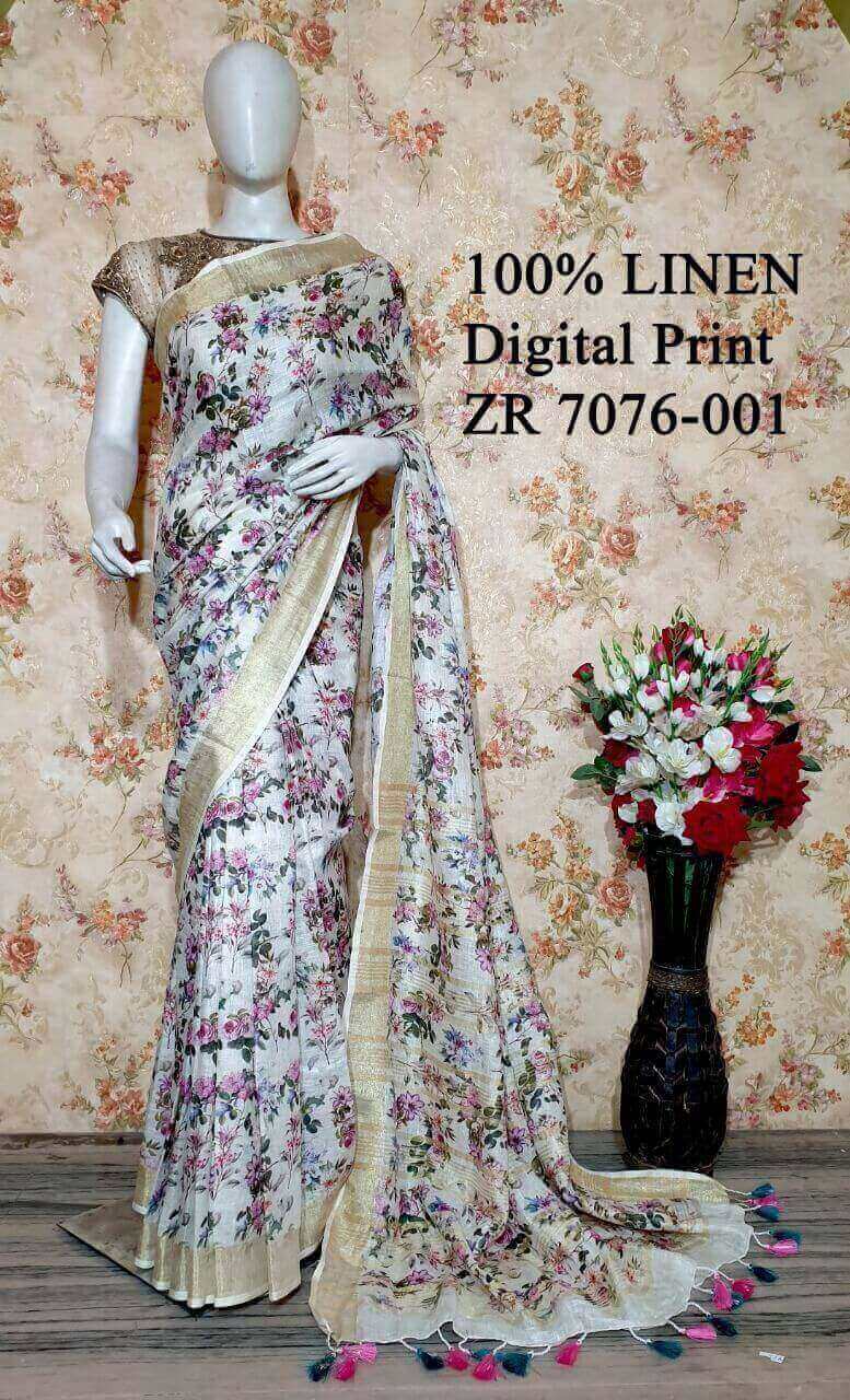 White Shade Floral Printed linen saree I Silver Zari BorderI Handwoven Saree I Pretty Sari | KIHUMS Saree kihums clothing