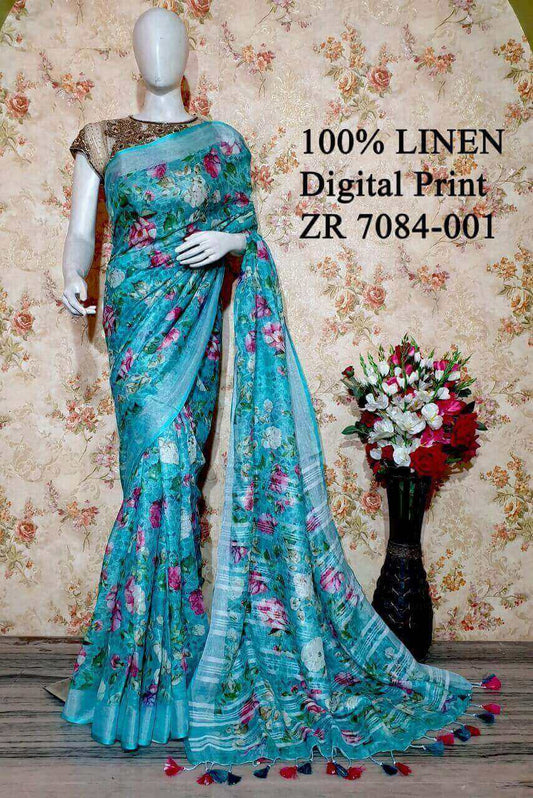 Blue Shade Floral Printed linen saree I Silver Zari BorderI Handwoven Saree I Pretty Sari | KIHUMS Saree