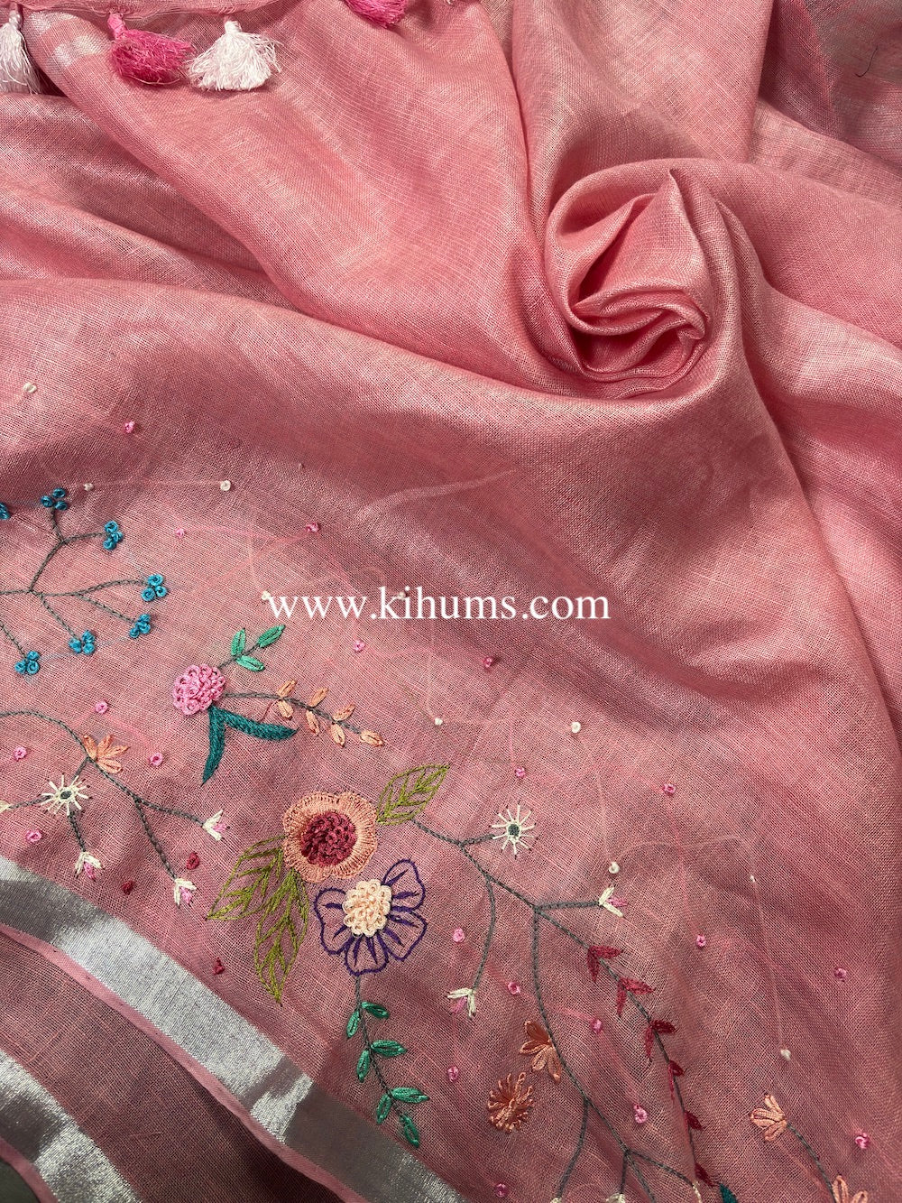 Peachish Pink Handwoven Linen Saree with Hand Embroidery Work | KIHUMS Saree