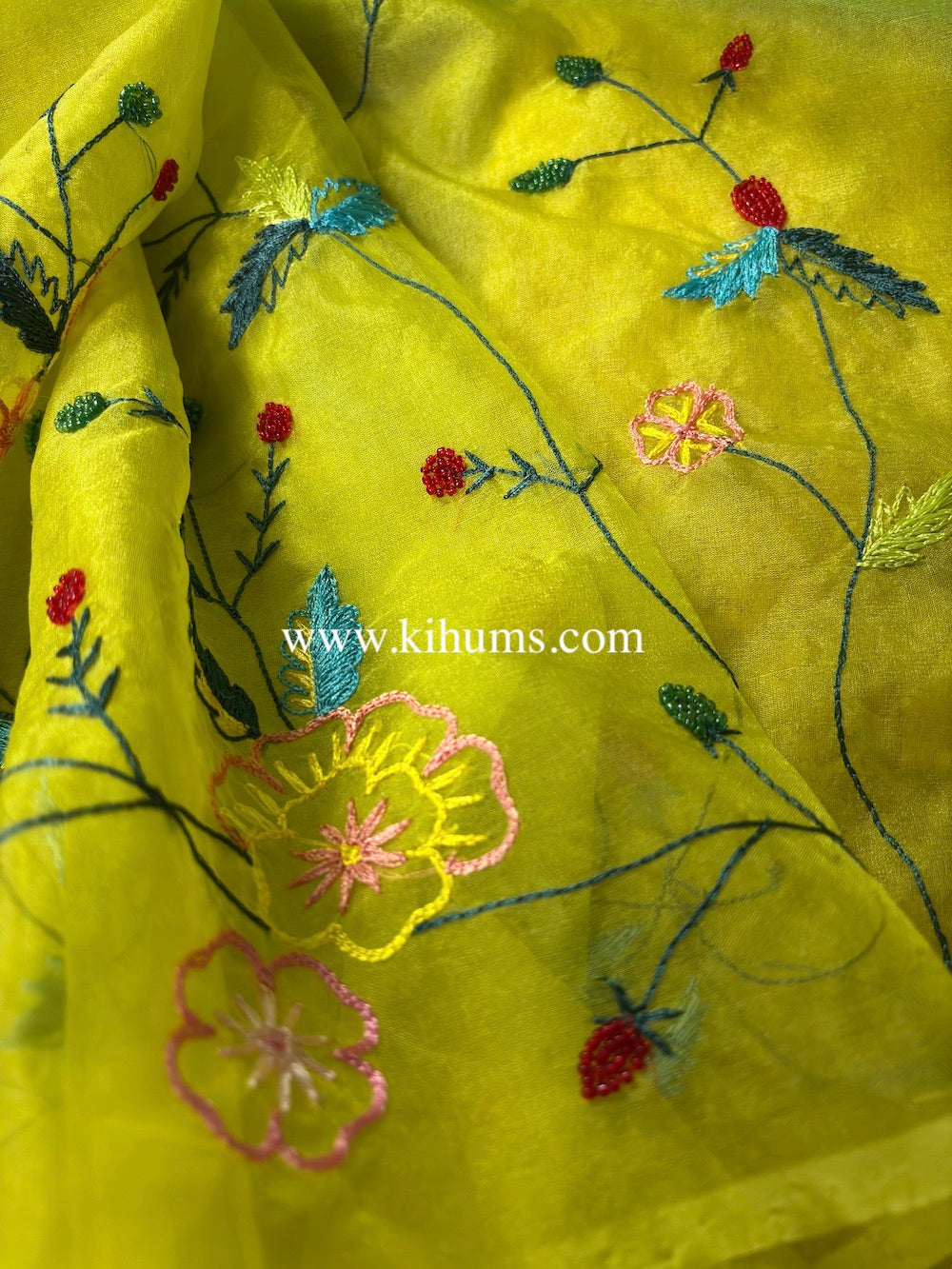 Green and Blue Organza Saree with Hand Embroidery Work | KIHUMS Saree
